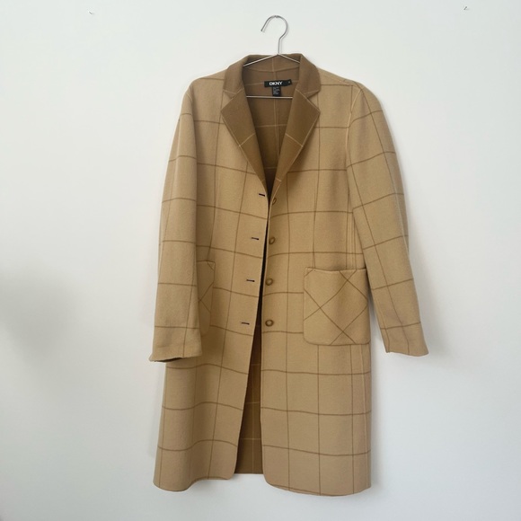 Dkny Jackets & Blazers - DKNY Tan and Camel Windowpane Plaid Wool Coat